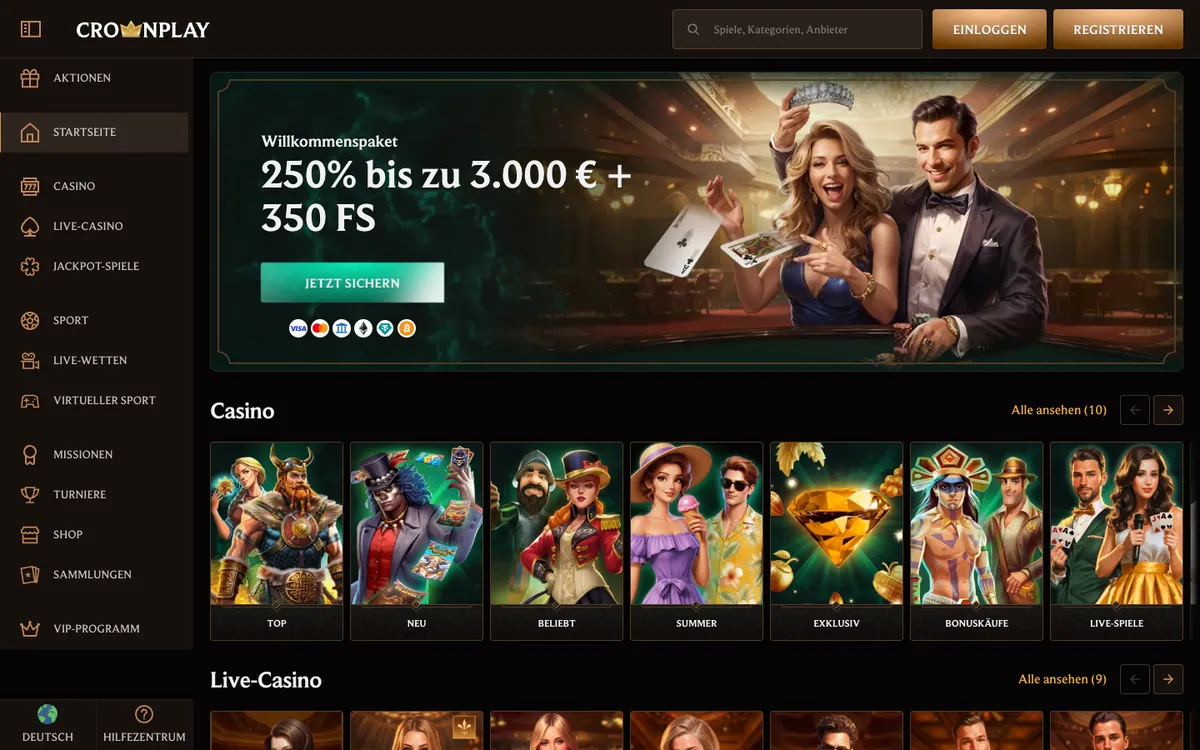 Startseite von CrownPlay, Screenshot vom 5. September 2026.