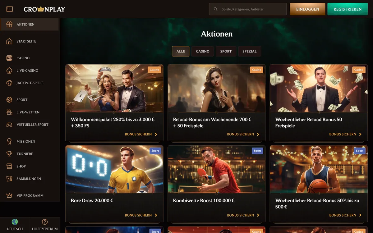 Aktionsseite von CrownPlay, Screenshot vom 5. September 2026.